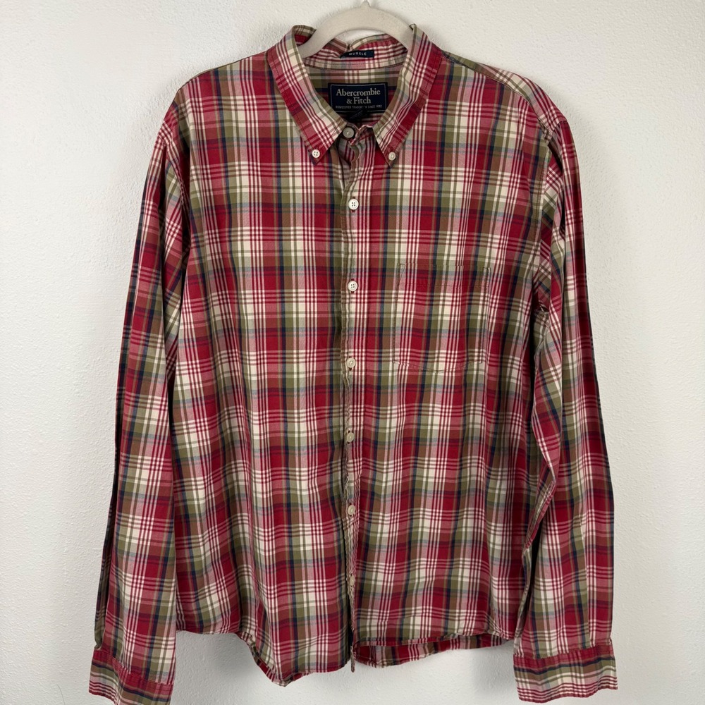 Abercrombie & Fitch Mens Muscle Fit Plaid Button Down‎ Shirt Red Green XL